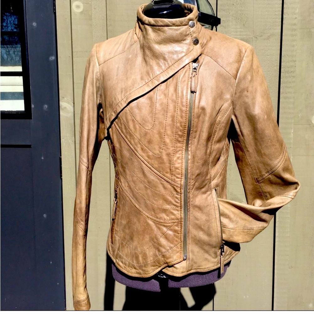 DANIER distressed dyed leather Moto jacket in Taupe